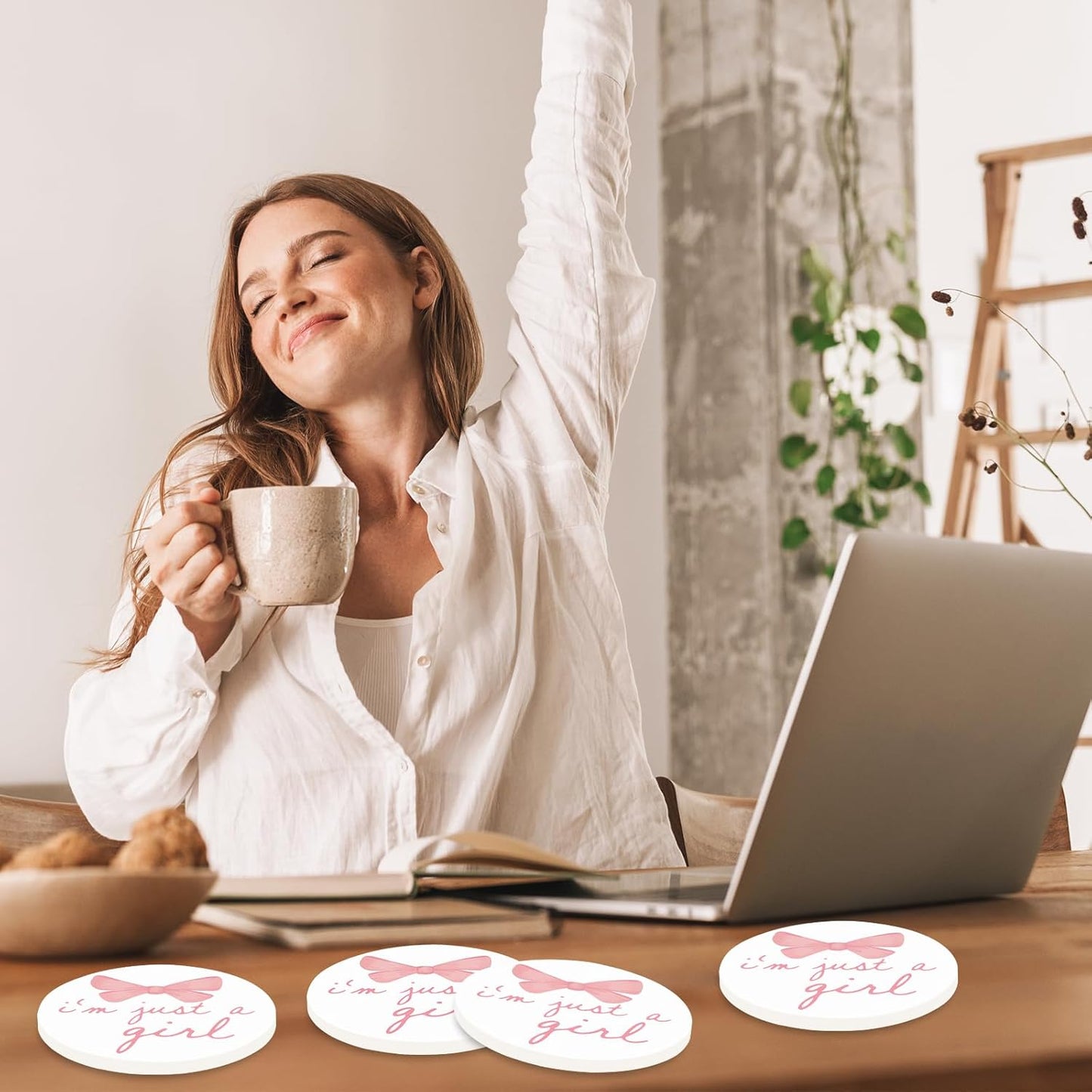 FYSUIMU 4Pcs Pink Bow Coasters Coquette Bow Girly Ceramic Drink Coaster Cute Bowknots Round Mug Coaster Gender Reveal Baby Shower Cup Mat for Kitchen Home Office Party Table Decor