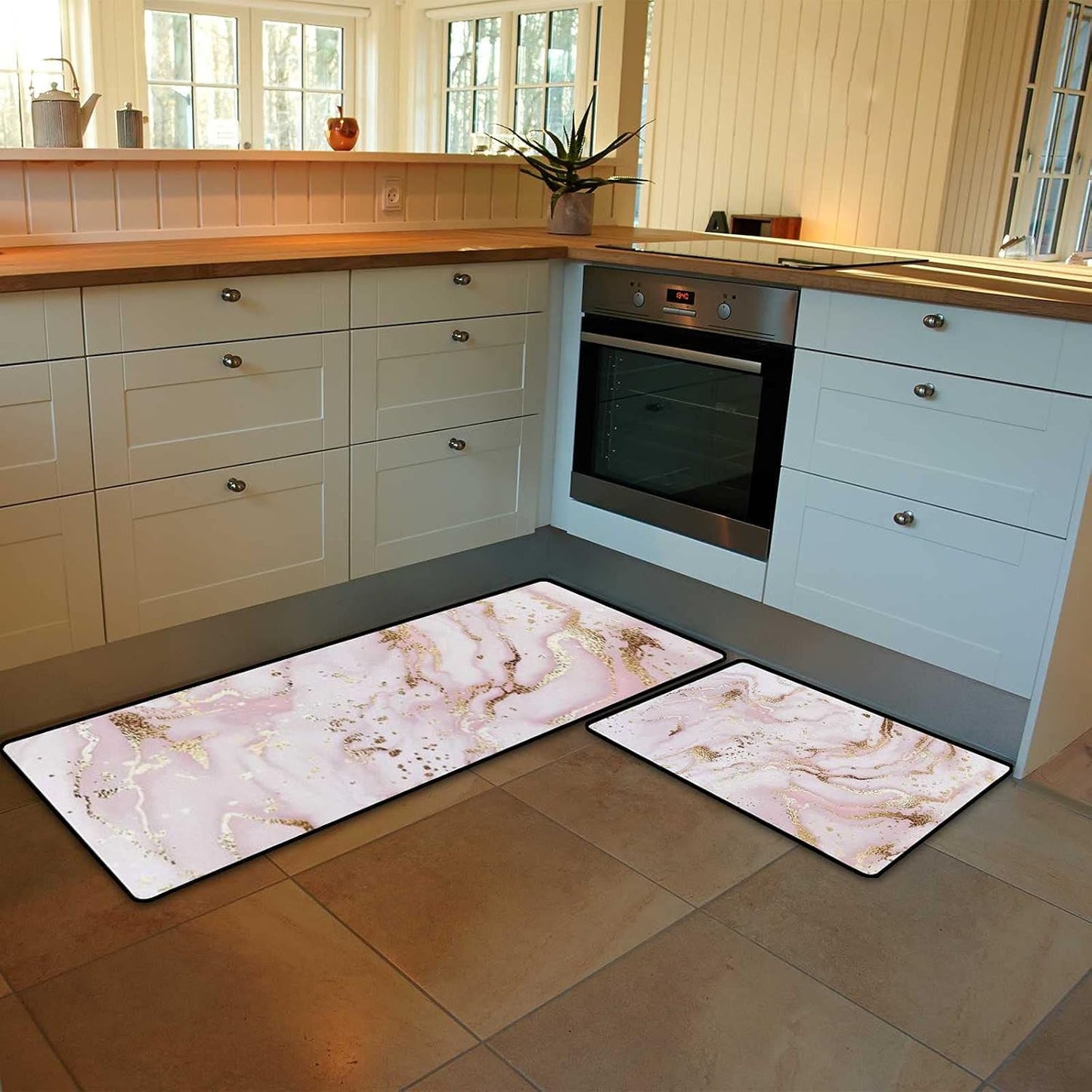 Kitchen Rugs Kitchen Mats for Floor 2 Pieces Liquid Marble Painting Gold Pink Kitchen Mat Set Non Slip Soft Absorbent Coral Velvet Washable Kitchen Rug Set 17.7×29.1Inch + 17.7×58.2Inch