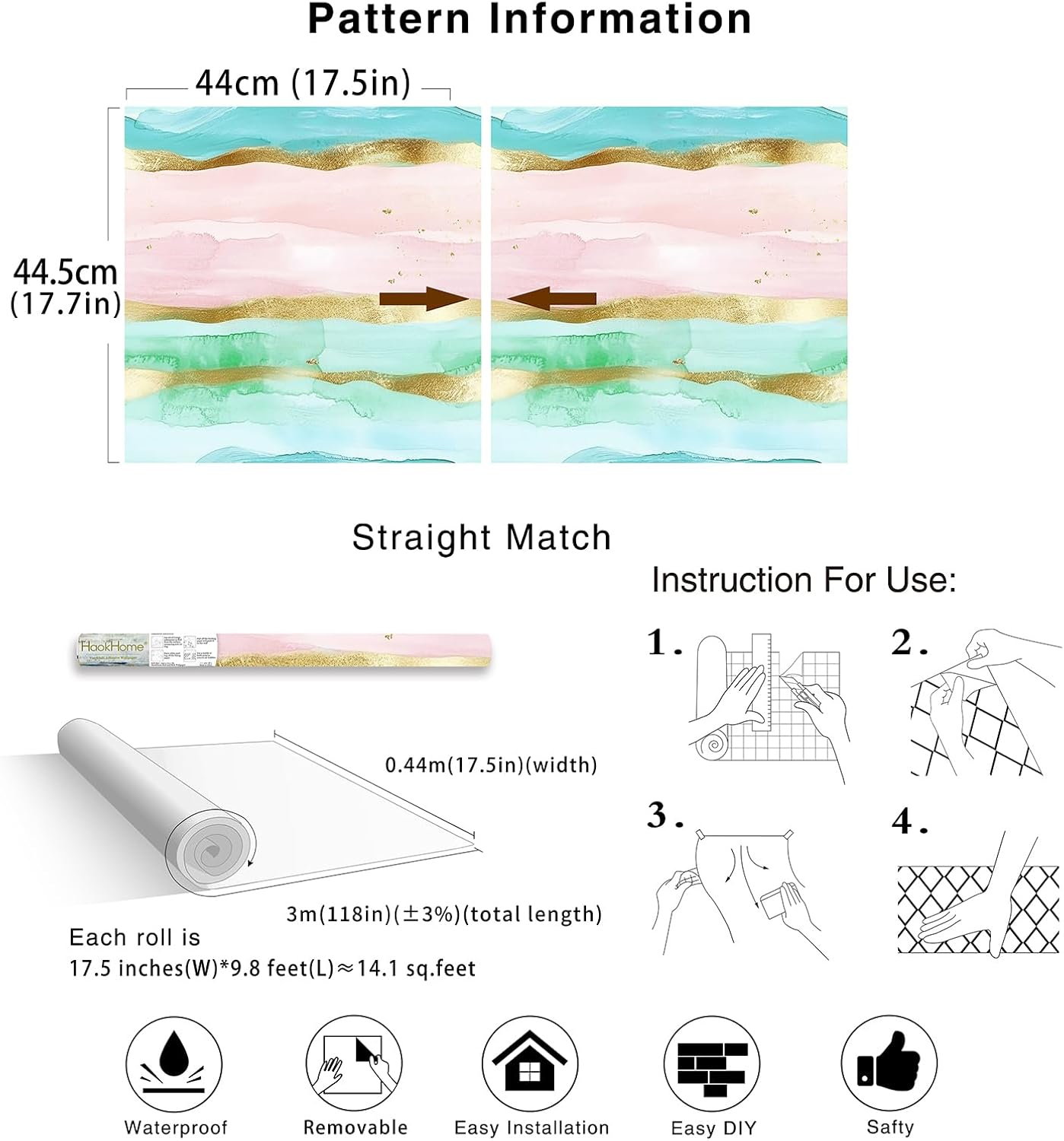 HAOKHOME Bathroom Wallpaper Peel and Stick Coastal Wave Beach Stripe Wall Paper Pink/Blue/Gold Removable Contact Paper 17.3in x 9.8ft