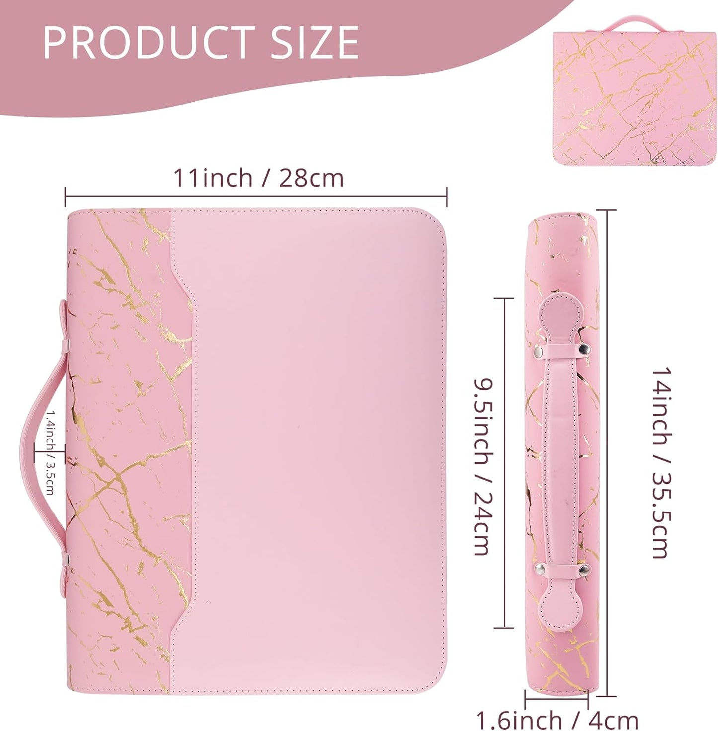 GraduatePro Zippered Leather Padfolio Portfolio Folder with Handle and Clipboard, 3-Ring A4 Size Interview Legal Conference Document Organizer, Business Card Holder Bag for Men/Women, Pink Marble