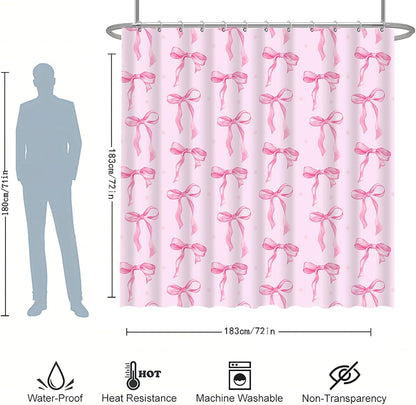 Pink Shower Curtain with Bows Shower Curtain Set, Waterproof Cloth Pink Bow Bathtub Shower Curtains with Hooks, Cute Bow Bathroom Decor Coquette Bath Curtains Girly Shower Decoration for Women 72x72"
