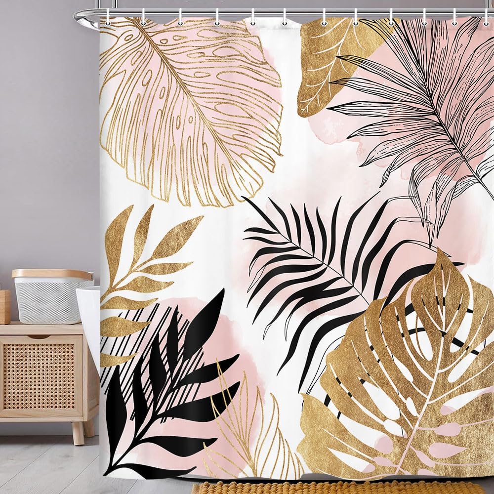 Torich Mid Century Abstract Shower Curtain for Bathroom, Pink Palm Leaves Botanica Abstract Modern Decor Bath Curtains, Gold Geometric Minimalist 47Wx64H Inches Bath Accessories with 12 Hooks