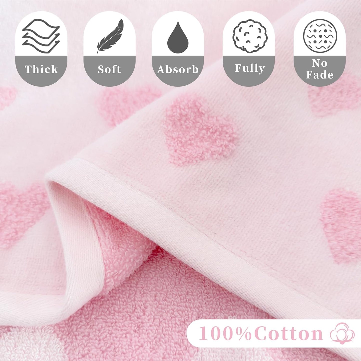 VOOVA & MOVAS Pink Bath Towels 4-Pack, 100% Soft Cotton 26.5" x 54.5" Quick Dry Absorbent Thick Towels with Jacquard Heart Design
