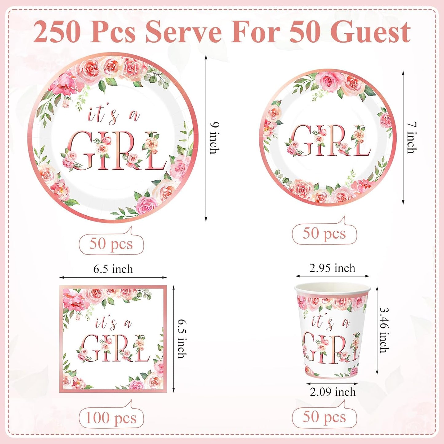 Funnymoom 250 Pcs Baby Shower Decoration for Girl, Pink Floral Paper Plates Napkins and Cups It's a Girl Baby Shower Party Tableware for Gender Reveal Spring Birthday Decorations, Serves 50