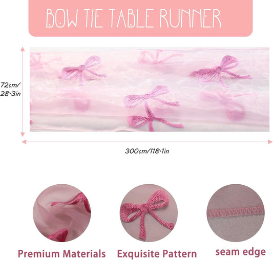 Valentines Day Decor Table Runner Bow Tulle Embroidery Pink 10 ft Coquette Pink Cheesecloth Table Runner 120 Inch Gauze Boho Dining Decor for Valentine‘s Christmas Baby Shower Birthday Wedding Decor
