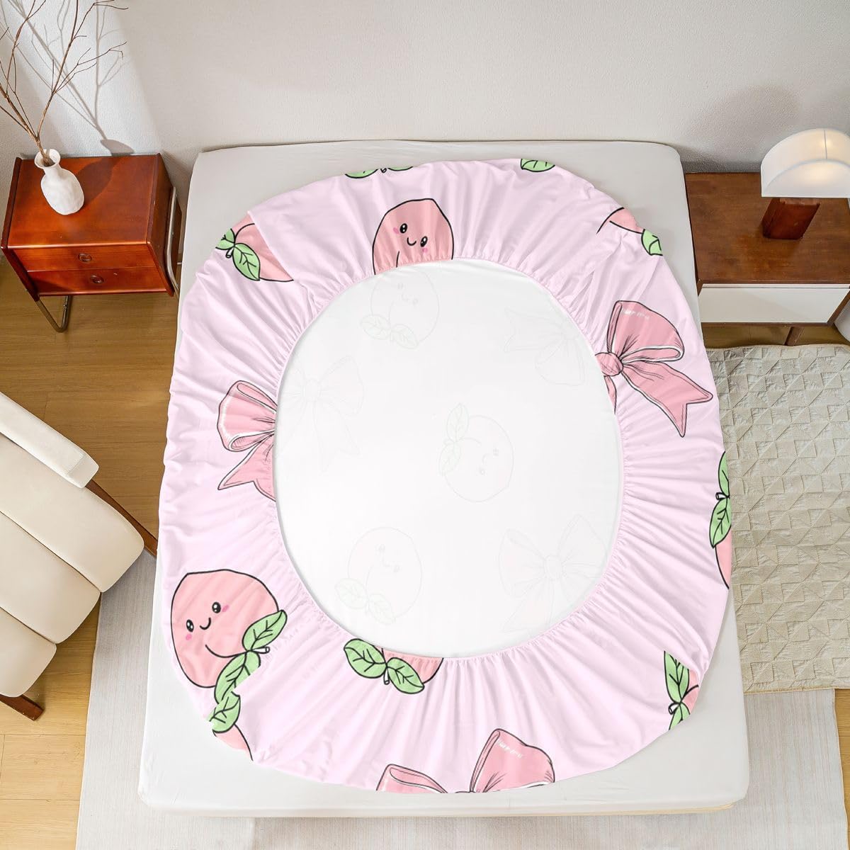 Erosebridal Bowknot Fitted Sheet Full Size Peach Bed Sheets Cute Cartoon Peaches Kawaii Pink Bow Bedding Set for Kids Boys Girls Fruit Princess Ribbon Bowtie Sheets