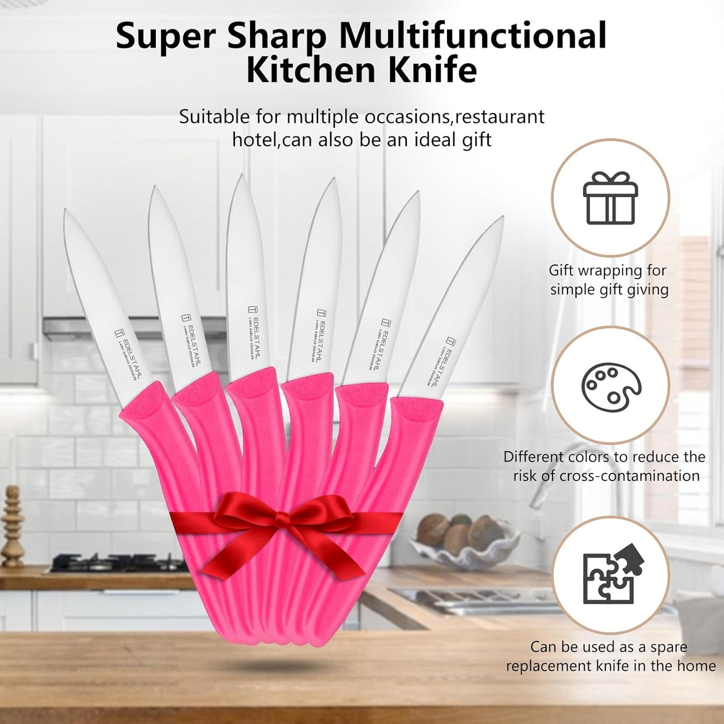 Paring Knives Set,Stainless Steel Paring Knife Set of 6,Sharp Vegetable&Fruit Knifes,Small Knife Set,Ergonomic Handle Paring Knives,Straight Edge Paring Knife Set,Pink Peeling Knife
