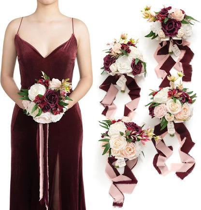 Ling's moment Artificial Flowers Marsala Red & Pink Bridesmaid Bouquet Set of 4, Wedding Flowers Bouquets for Bridesmaids, 7 Inch Bridal Bouquets for Bridesmaids, Wedding Decor, Ceremony, etc