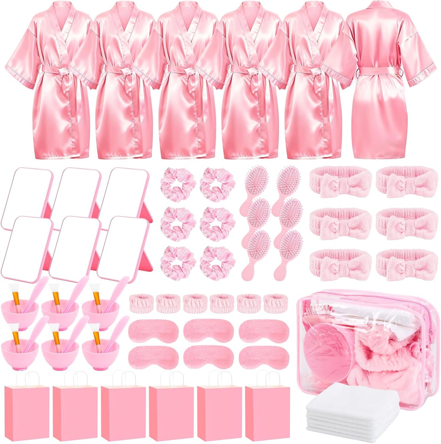 78Pcs/6Set Spa Party Supplies for Girls Pink Kids Sleepover Party Favors with Satin Robe Mirror Headband Scrunchies Eye Masks Combs Towel Mixing Bowl Cosmetic Bags for Slumber Birthday Christmas Gift