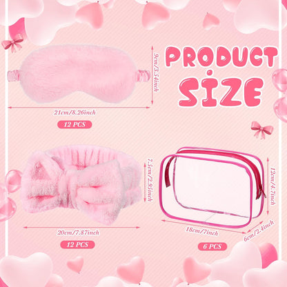 Hoteam 36 Pcs Sleepover Party Supplies 12 Spa Headband 12 Plush Sleep Eye Mask 12 Clear Cosmetic Bags Makeup Headband for Washing for Adult Spa Party Favor Graduation Beauty Gift(Pink)