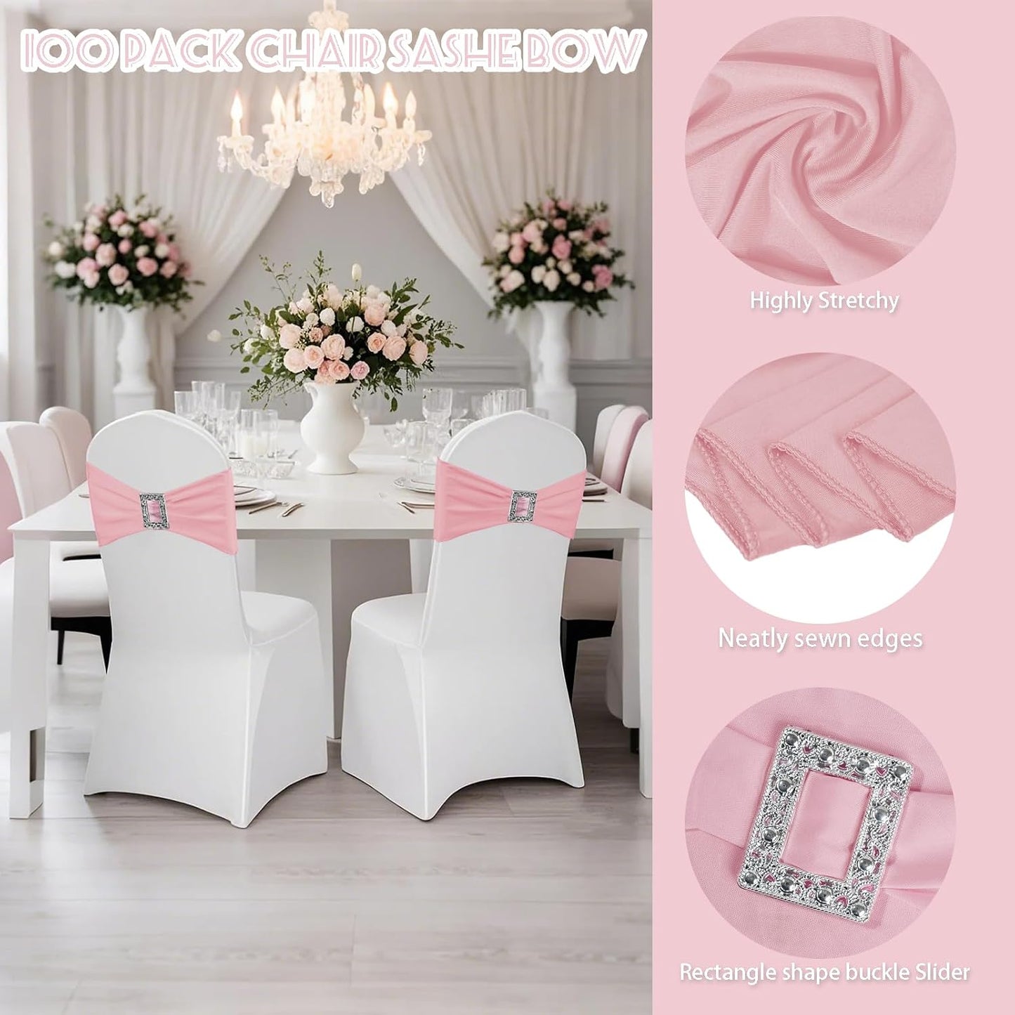 100 Pack Spandex Stretch Chair Sashes Bows Elastic Chair Cover Bands Ties with Buckle Slider for Wedding Party Banquet Restaurant Baby Shower Christmas Decorations (Dusty Pink)