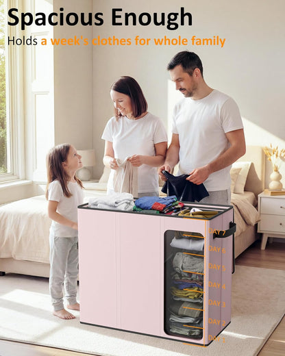 Optish 180L Laundry Hamper 3 Section, Large Laundry Hamper with Lid, Dirty Clothes Hampers with 3 Inner Bags, Laundry Basket Organizer for Laundry, Bedroom, Bathroom, Hamper 3 Compartment, Pink