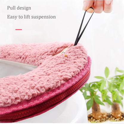 Toilet Seat Warmer Cover & Toilet Lid Cover Pink Fuzzy Toilet Seat Covers for Bathroom with Zipper Handle Plush Thicker Washable