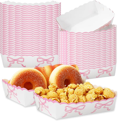 FYSUIMU 60 Pcs Pink Bow Paper Food Trays Watercolor Coquette Bowknot Food Boats Scalloped Disposable Serving Trays for Birthday Baby Shower Bachelorette Party Supplies