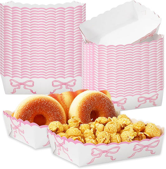 FYSUIMU 60 Pcs Pink Bow Paper Food Trays Watercolor Coquette Bowknot Food Boats Scalloped Disposable Serving Trays for Birthday Baby Shower Bachelorette Party Supplies