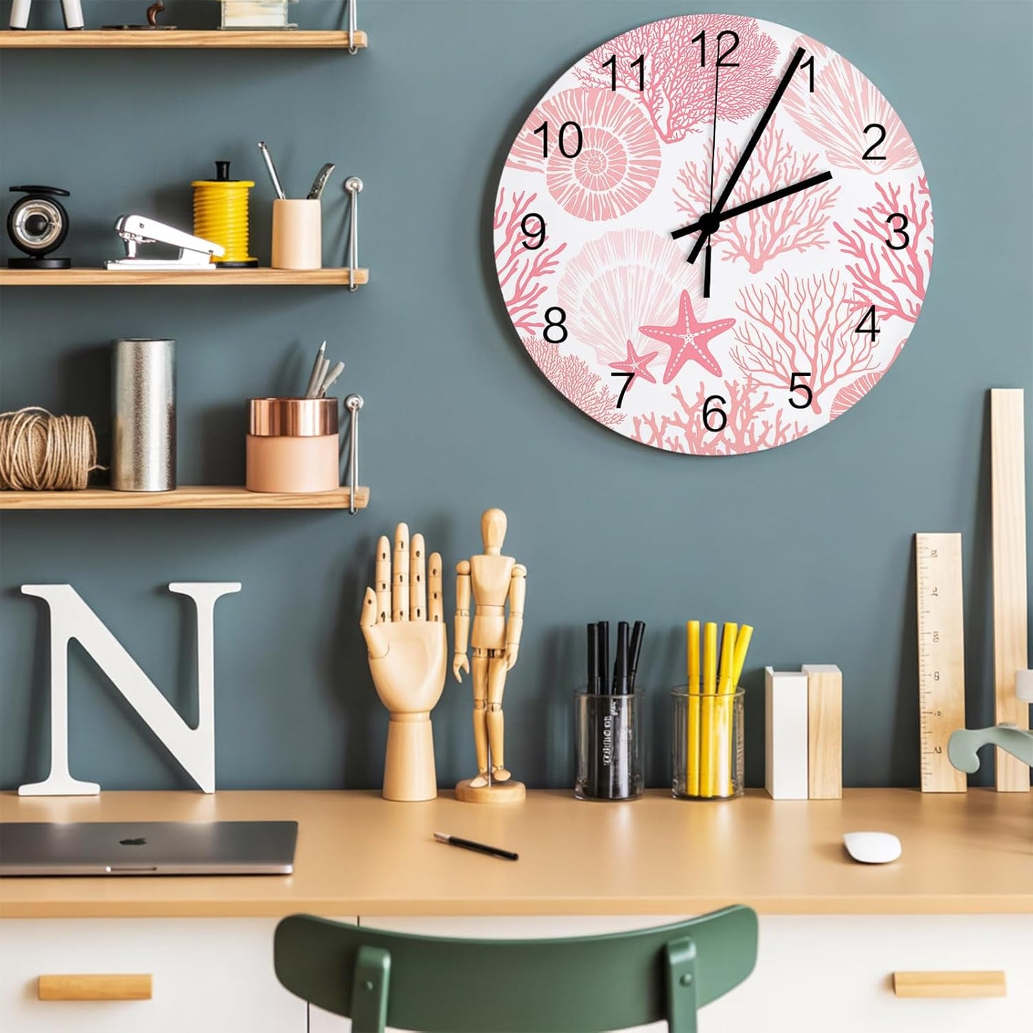 Abstract Wall Clock Battery Operated Non-Ticking 12" Round Wood Clocks, Coral Starfish Marine Pink Kitchen Wall Clock for School Bathroom Living Room Home Office Wall Decor