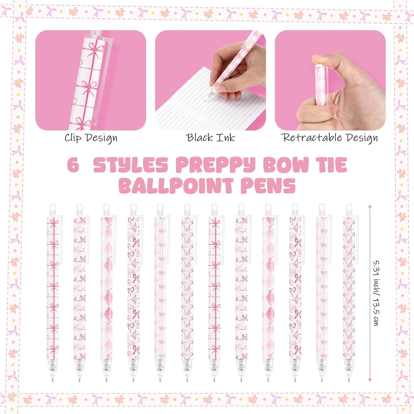 Jetec 60 Pcs Pink Bow Ballpoint Pens Sets Coquette Bow School Supplies for Girls Coquette Aesthetic Retractable Pens Pink Preppy Girly Stuff Cute Supplies Goodie Bag Fillers for Student