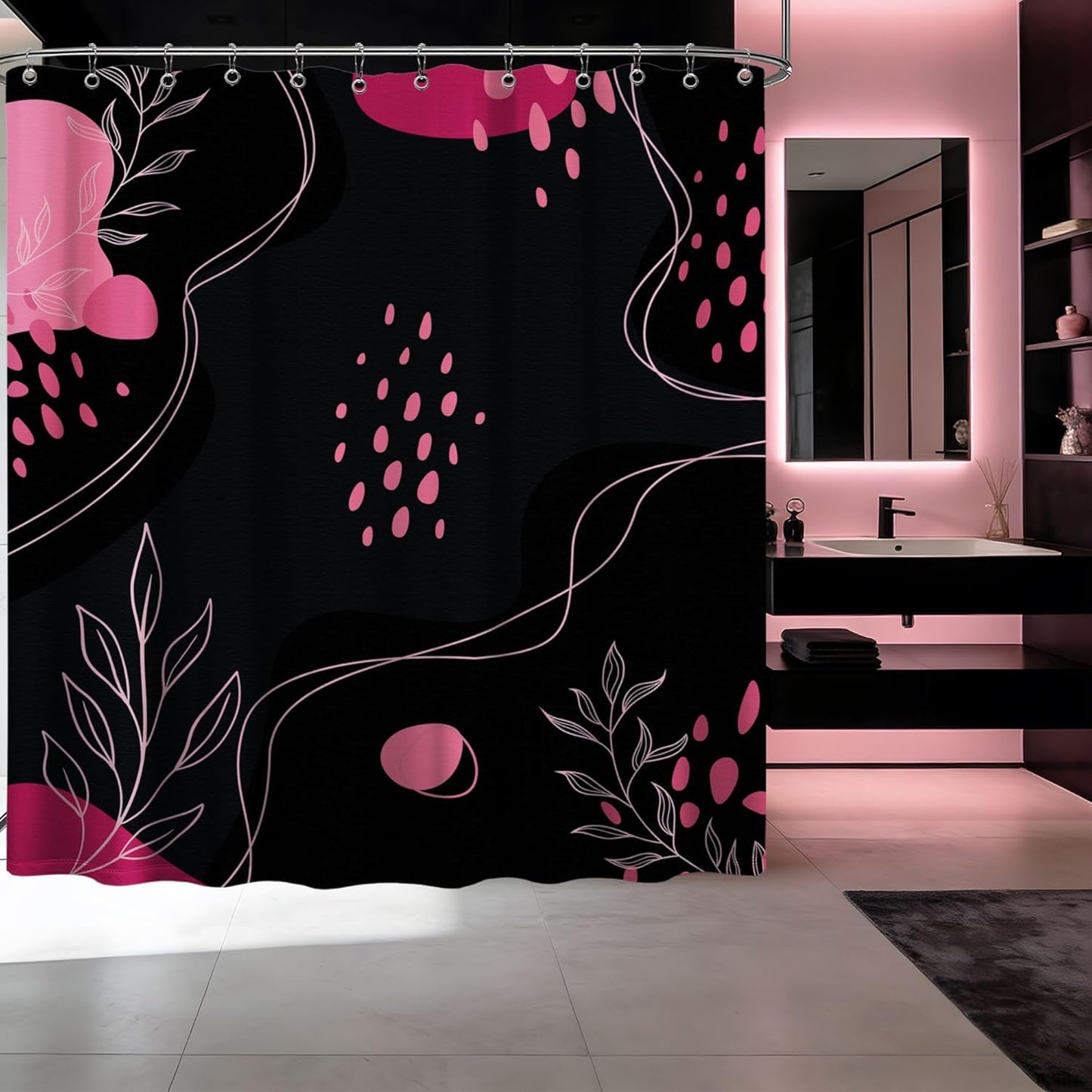 Pink and Black Shower Curtain Dark Pink and Grey Mid Century Modern Striped Shower Curtains for Boho Bathroom Decor Sets, Waterproof Cloth Fabric with Hooks, 70x72 Inch