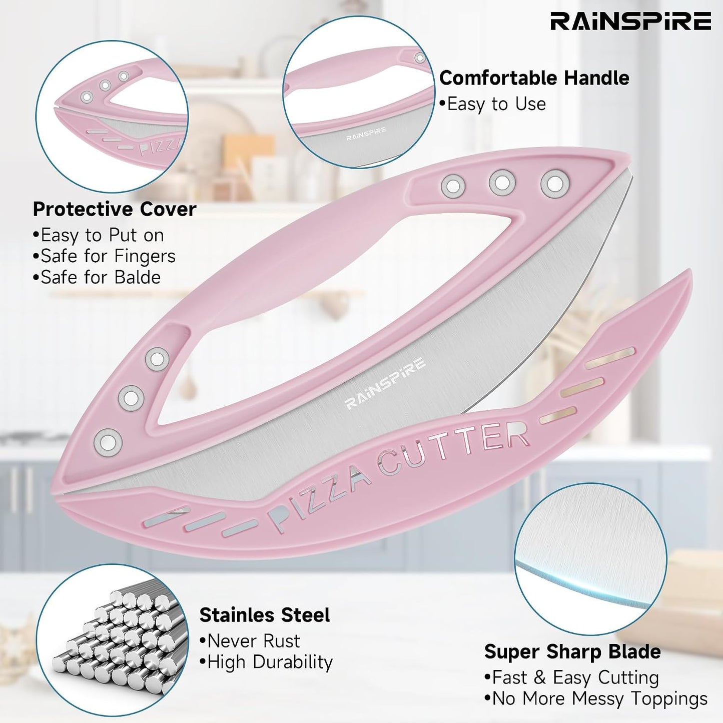 Rainspire 12" Pizza Cutter Rocker Blade Stainless Steel Pizza Rocker with Cover Sharp Blade Pizza Knife Dishwasher Safe Kitchen Gadgets Home Essentials, Pink