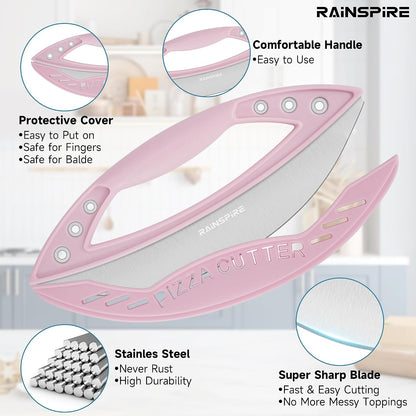 Rainspire 12" Pizza Cutter Rocker Blade Stainless Steel Pizza Rocker with Cover Sharp Blade Pizza Knife Dishwasher Safe Kitchen Gadgets Home Essentials, Pink