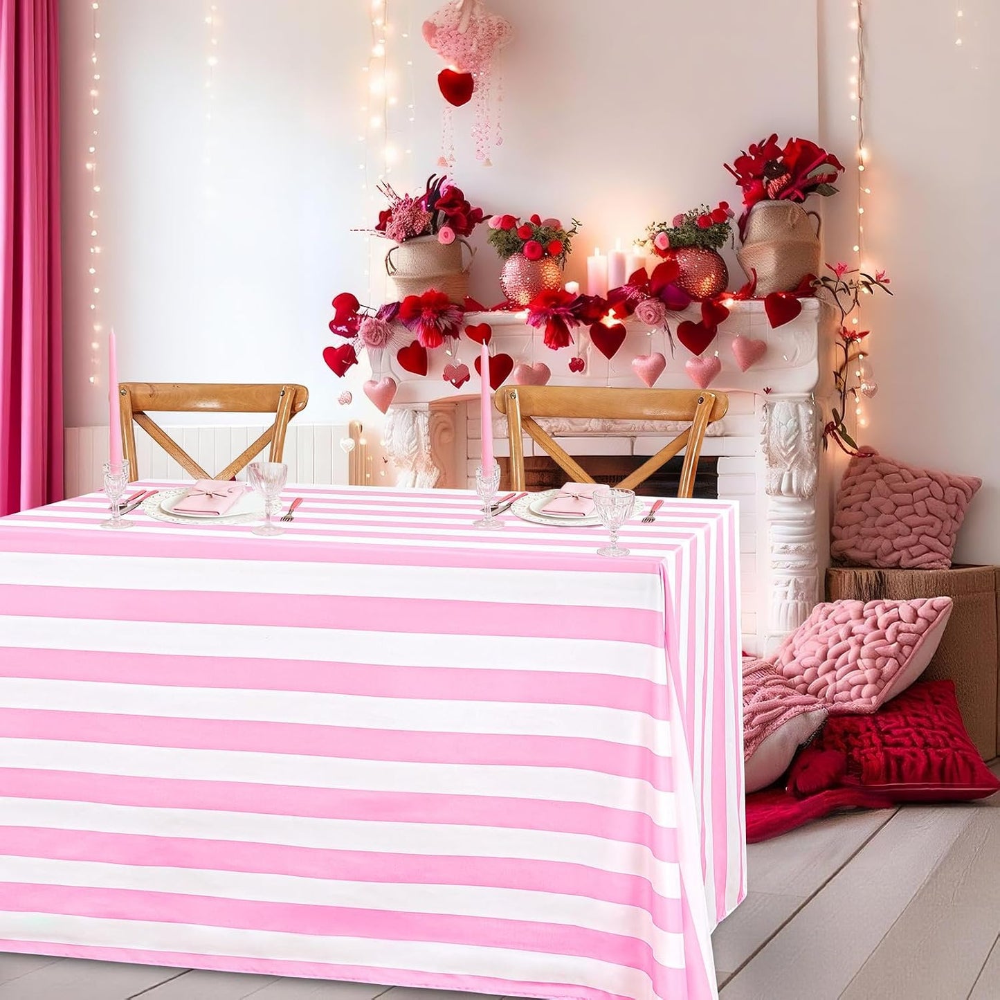 SoarDream Pink and White Striped Tablecloth 57 x 84 Inch Rectangle Waterproof Valentines Day Table Cloth for Easter Holiday Spring Picnic Birthday Party Decoration