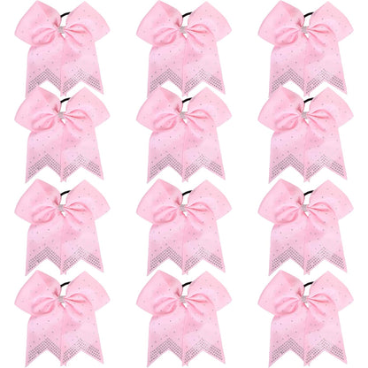 12PCS 8" Rhinestones Large Cheer Hair Bows for Girls, Hand-made Grosgrain Ribbon Hair Accessories for Teen Girls Softball Cheerleader Sport (Light Pink)