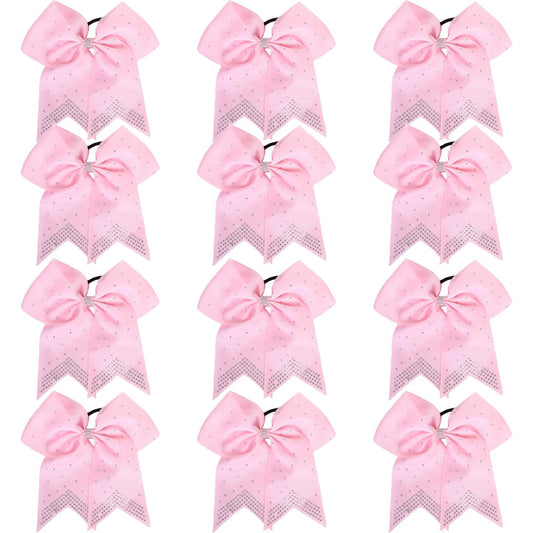 12PCS 8" Rhinestones Large Cheer Hair Bows for Girls, Hand-made Grosgrain Ribbon Hair Accessories for Teen Girls Softball Cheerleader Sport (Light Pink)