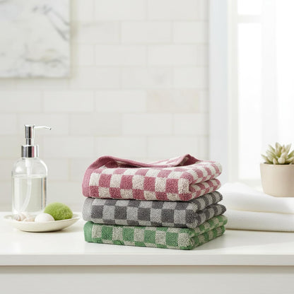 3 Piece Checkered Hand Towels for Bathroom in Pink Gray Green, Soft Absorbent Cotton Face Towels Bath Towels with Buffalo Checkered Pattern,Towel Set for Kitchen, 13"×30"