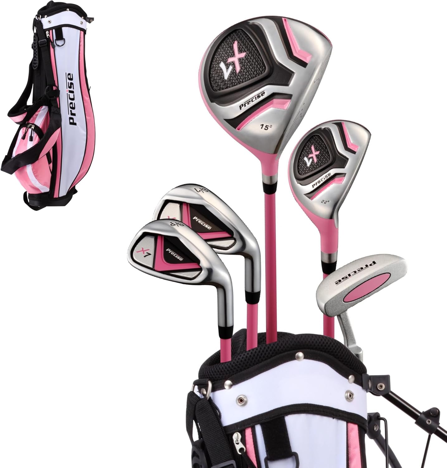 Precise X7 Kids Golf Clubs Set – Boys’ & Girls’ Junior Golf Set with Lightweight Graphite Shafts, Hybrid, Putter & Stand Bag