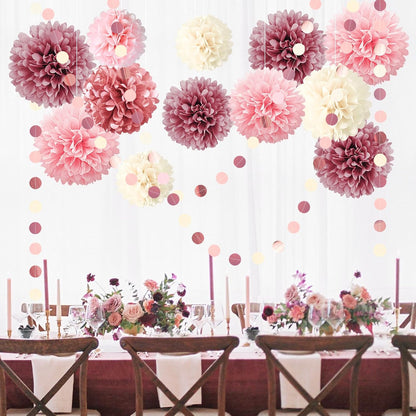 NICROLANDEE 15PCS Dusty Rose Blush Pink Tissue Pom Poms Flowers for Wedding, Bridal Shower, Sweet Birthday, Baby Shower, Engagement, Bachelorettes, Valentine Pink Party Decorations Paper Garland