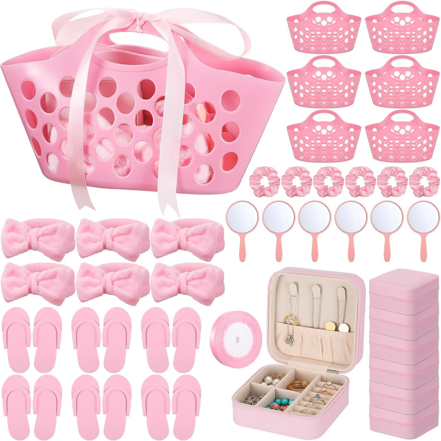 SiliFine 36 Pcs/ 6 Set Spa Sleepover Pink Party Favors Supplies for Girls Kit, Includes Storage Basket, Disposable Slipper, Mirror, Hair Tie, Headband, Jewelry Box, Ribbon for Birthday Graduation Gift