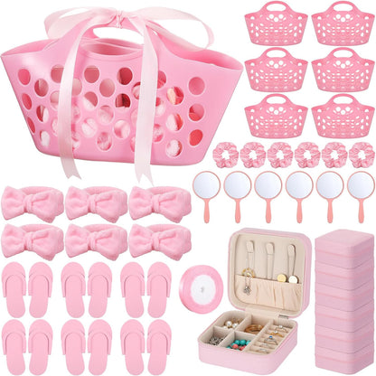 SiliFine 36 Pcs/ 6 Set Spa Sleepover Pink Party Favors Supplies for Girls Kit, Includes Storage Basket, Disposable Slipper, Mirror, Hair Tie, Headband, Jewelry Box, Ribbon for Birthday Graduation Gift