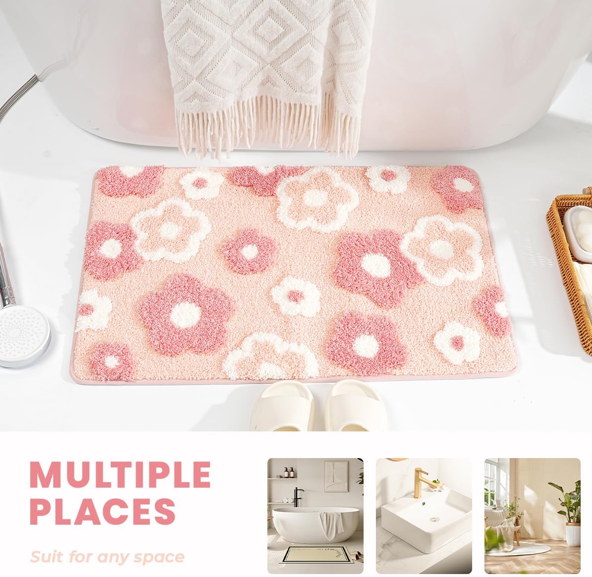 Cute Flowers Bathroom Rug Non Slip and Super Absorbent Bath Mat Machine Washable Bath Carpet Soft Microfiber Rug for Dining Room, Kitchen and Living Room (Pink Flowers, 23"x16")