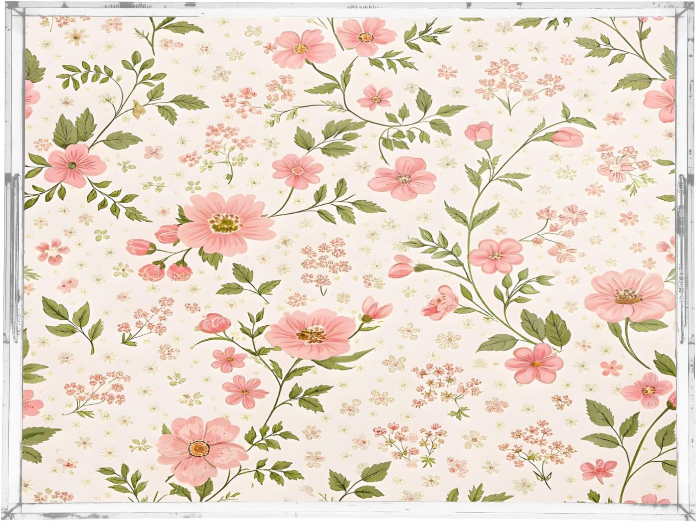 Pink Flowers Serving Tray 12" x 16" Acrylic Trays with Handles Decorative Serving Platter for Coffee, Breakfast in Bed, Dinner, Appetizers, Patio, Party