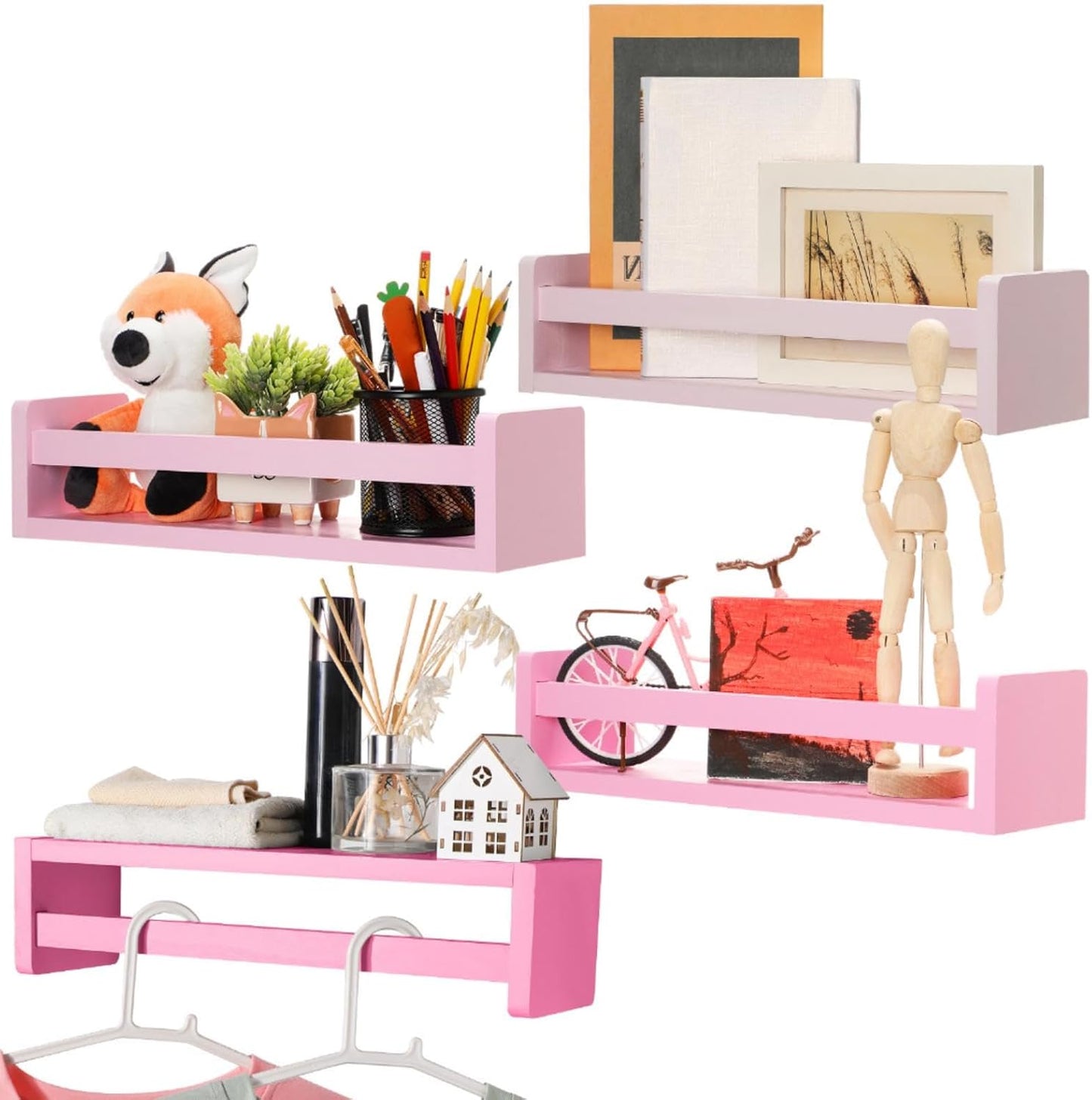 Suzile Set of 4 Nursery Book Shelves Floating Bookshelves Nursery Shelves for Wall Book Shelf Organizer Bathroom Storage Rack for Wall Decor(16 in,Gradient Pink)