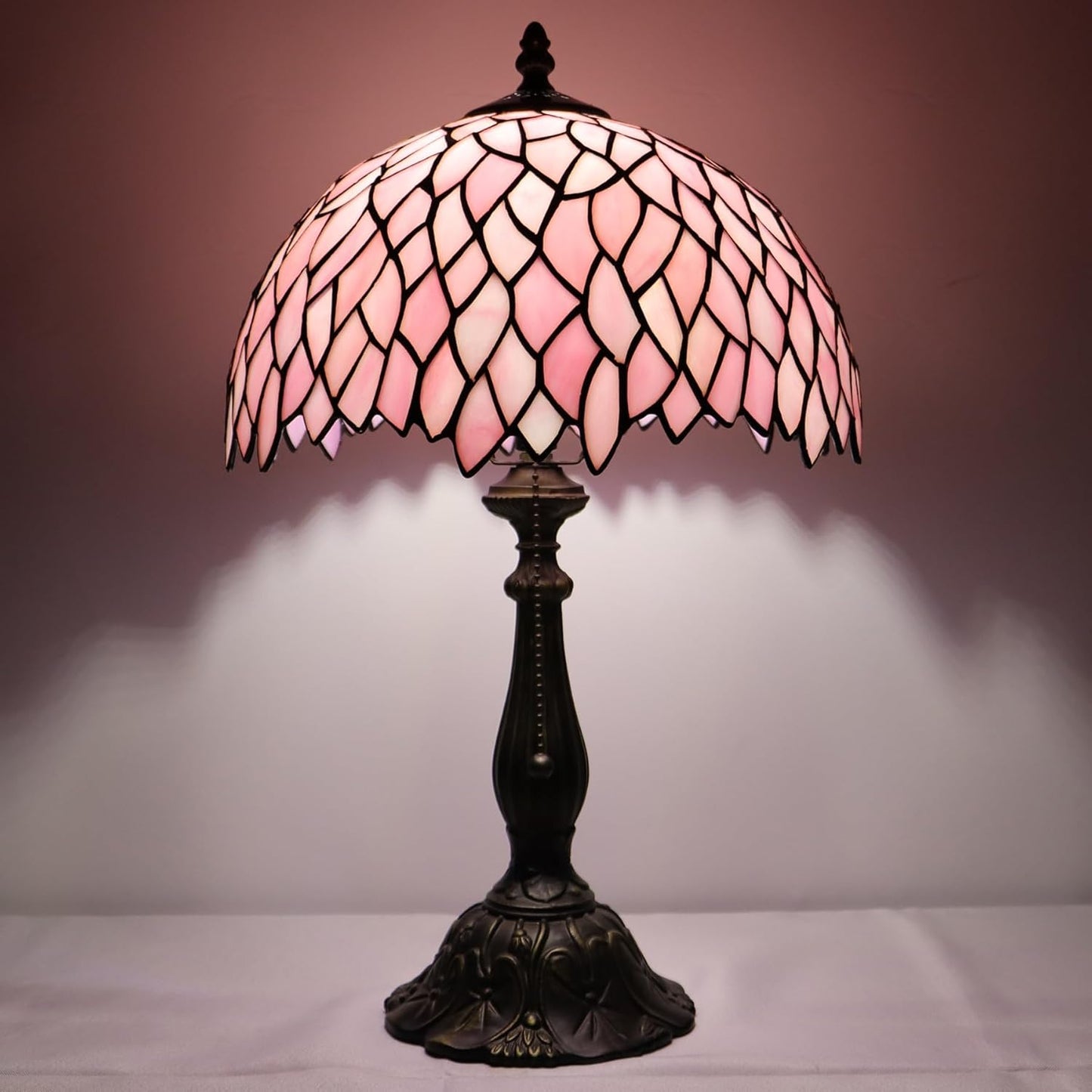 Tiffany Lamp Stained Glass Table Lamp Bedside Reading Light W12H19 Inches (Pink Wisteria)