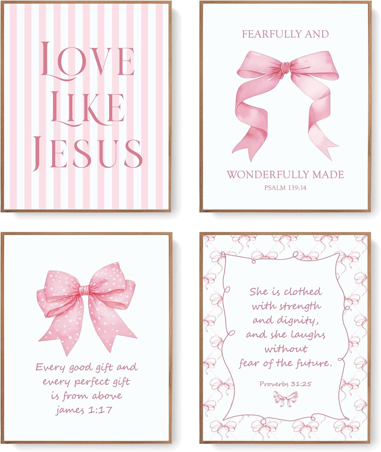LARTSFRO Coquette Pink Bow Jesus Wall Art Decor Posters, Light Pink Bow Christian Room Bedroom Bathroom Dorm Wall Art Decor Aesthetic for College Teen Girls Gifts, Inspirational Bible Verses Bow Wall Decor, 10x8 Inch Set of 4 Bow Pictures (UNFRAMED)