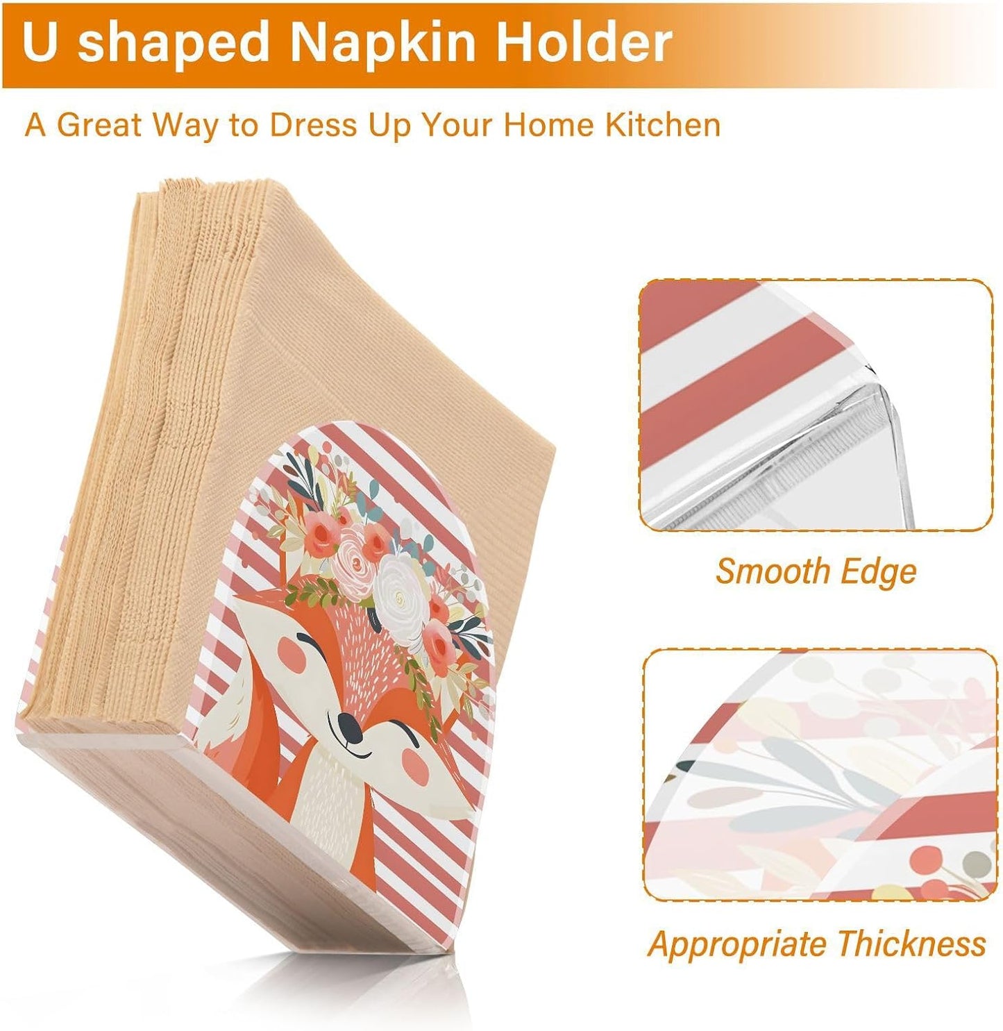 Napkin Holder for Table,Cute Fox Pink Stripe Napkin Holders Tissue Dispenser Clear Acrylic Cocktail Napkins Paper Towel Storage Holder for Kitchen Bathroom Decor
