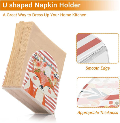 Napkin Holder for Table,Cute Fox Pink Stripe Napkin Holders Tissue Dispenser Clear Acrylic Cocktail Napkins Paper Towel Storage Holder for Kitchen Bathroom Decor