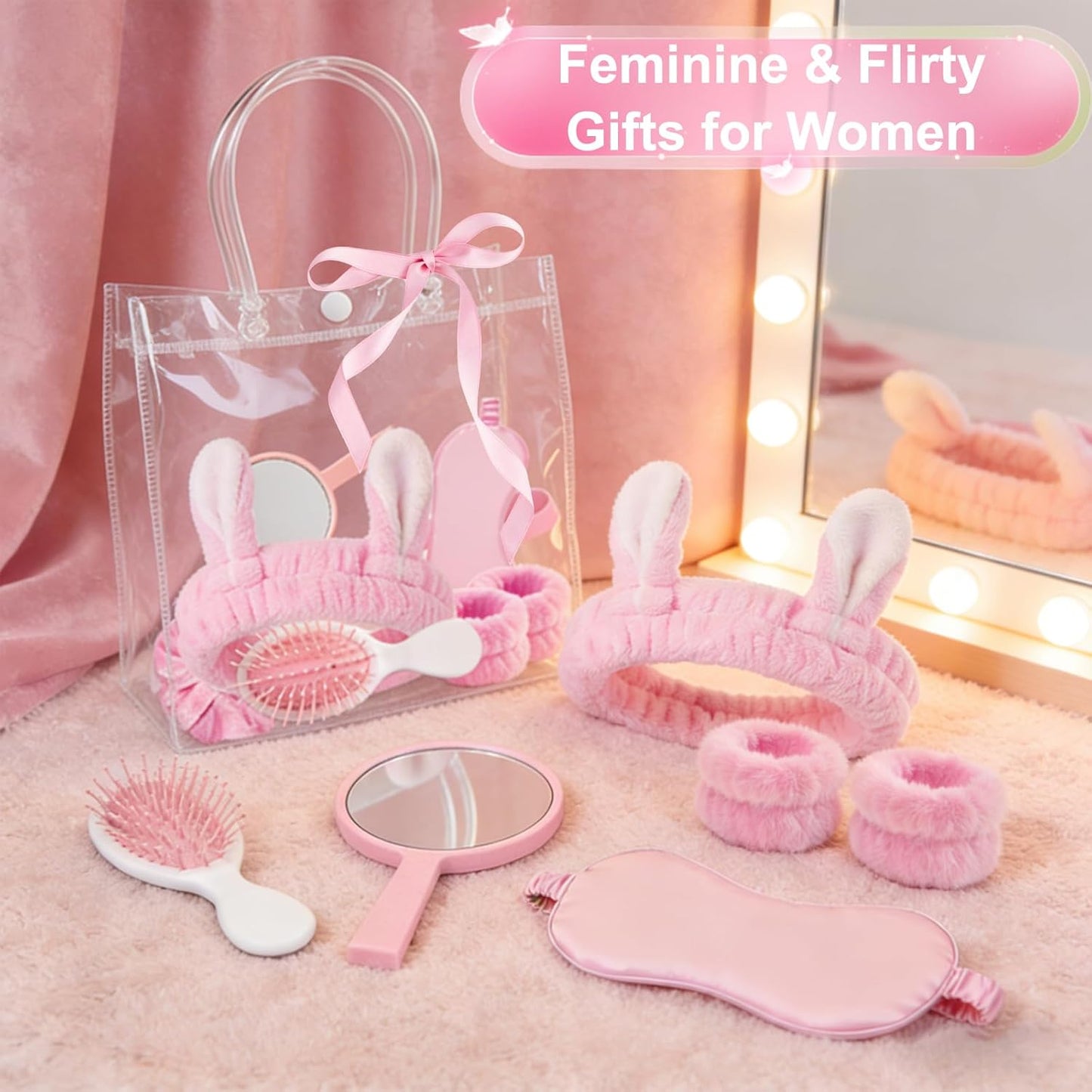 65 Pcs Pink Spa Party Supplies for Girls and Women with Gift Bags, Headband Eye Mask Mirrors Wristband Scrunchie Comb, Sleep Over Party Favors, Birthday Sleepover Slumber Day Essentials Kit