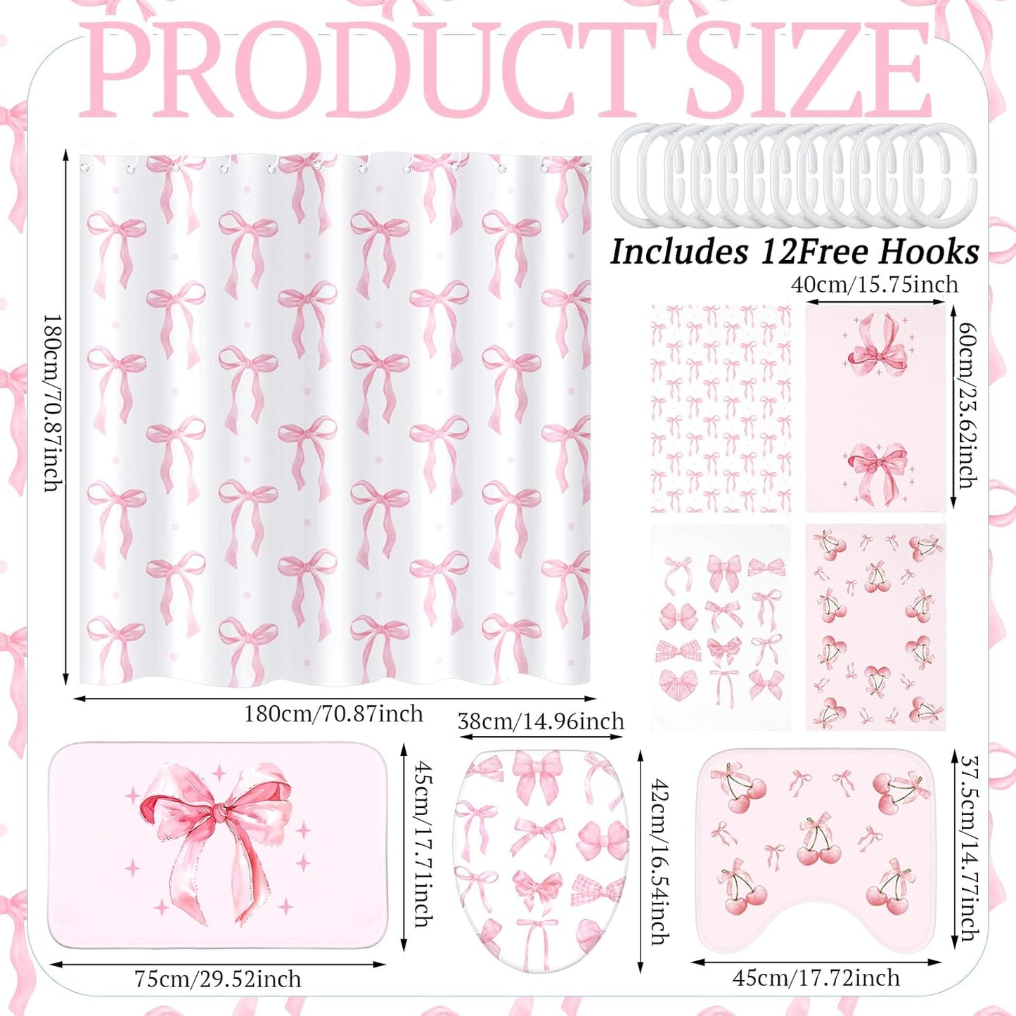 8 Pcs Pink Bow for Shower Curtain Sets for Bathroom Decor Cute Coquette Bathroom Accessories Preppy Bow Knot Aesthetic Girly Shower Curtain Sets with Towels Carpet Bath Mat Toilet Rugs and 12 Hooks