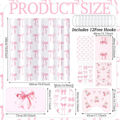 8 Pcs Pink Bow for Shower Curtain Sets for Bathroom Decor Cute Coquette Bathroom Accessories Preppy Bow Knot Aesthetic Girly Shower Curtain Sets with Towels Carpet Bath Mat Toilet Rugs and 12 Hooks