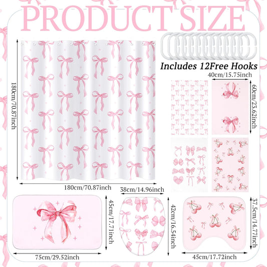 8 Pcs Pink Bow for Shower Curtain Sets for Bathroom Decor Cute Coquette Bathroom Accessories Preppy Bow Knot Aesthetic Girly Shower Curtain Sets with Towels Carpet Bath Mat Toilet Rugs and 12 Hooks