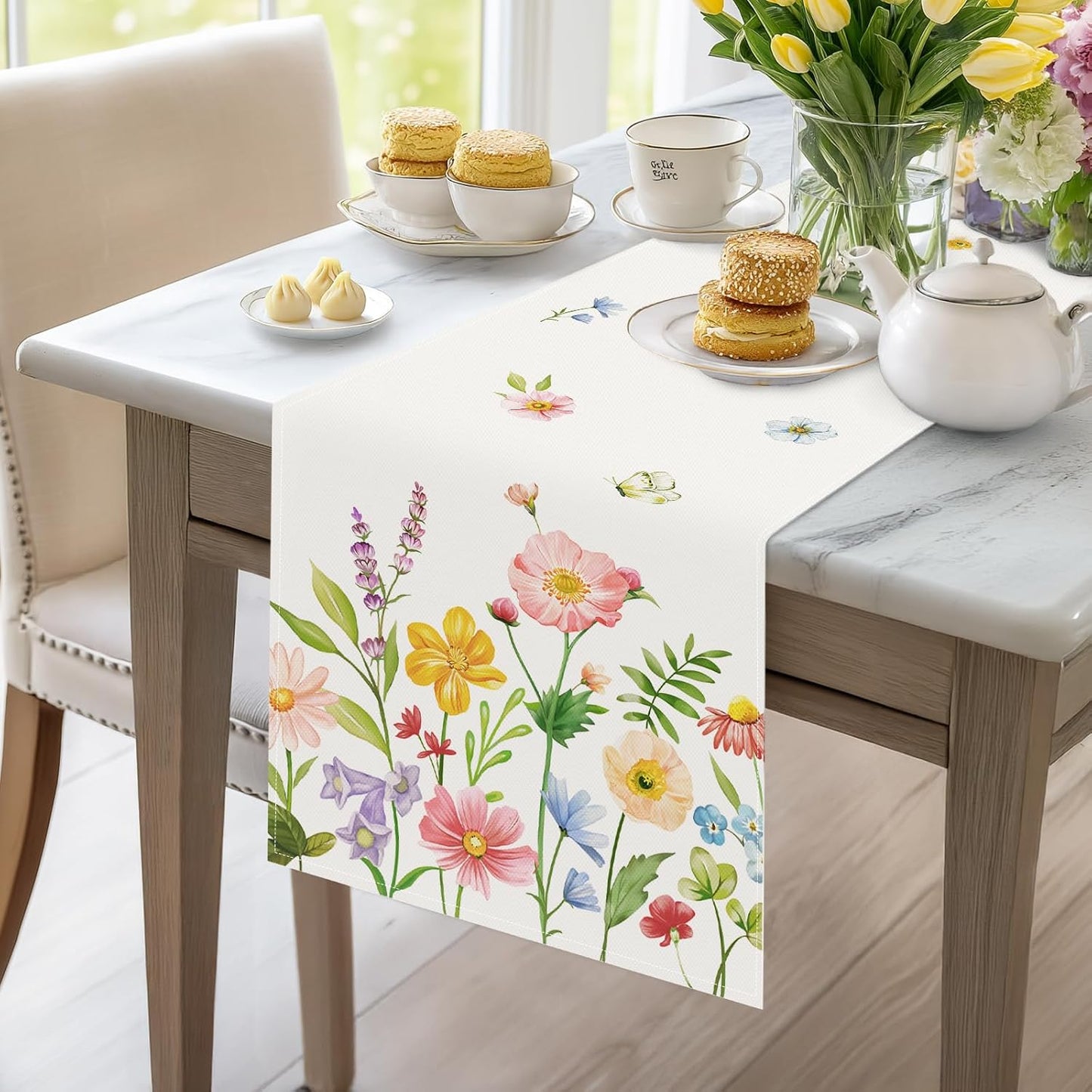 Bonhause Spring Floral Table Runner 13x72 Inch Pink Blue Flowers Green Leaves Butterflies Seasonal Summer Kitchen Dinning Table Decoration for Indoor Outdoor Home Party Decor