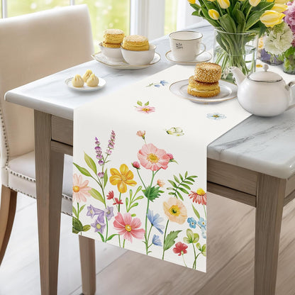 Bonhause Spring Floral Table Runner 13x72 Inch Pink Blue Flowers Green Leaves Butterflies Seasonal Summer Kitchen Dinning Table Decoration for Indoor Outdoor Home Party Decor