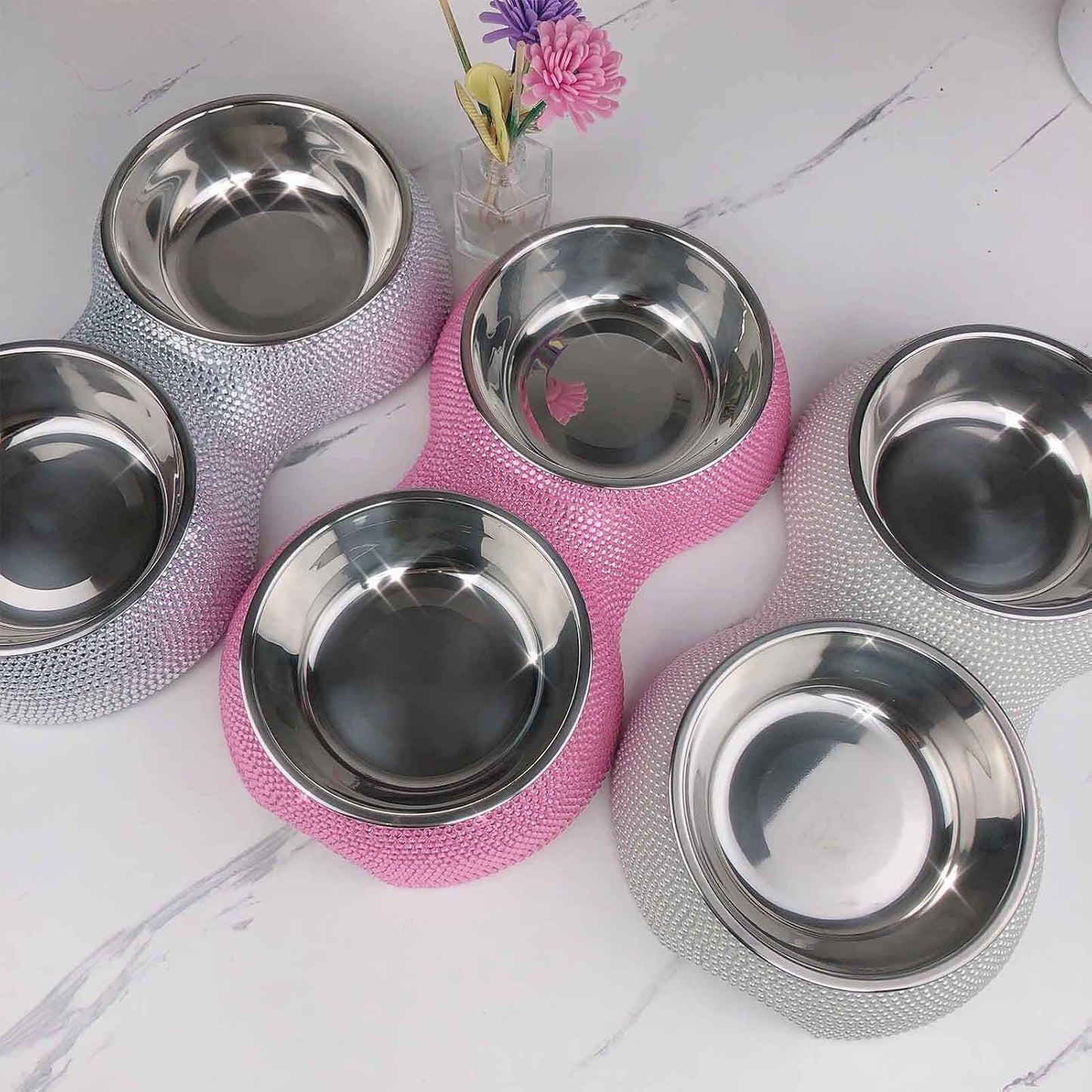 SAVORI Small Cat Bowls Pink, 320ML Handmade Bling Rhinestones Stainless Steel Pet Bowls Removable Double Food Water Feeder for Puppy Cats Dogs