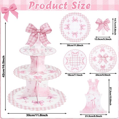 NatNarr 2 Pack Pink Bow Birthday Decorations Bow Cupcake Stand Coquette Theme Birthday Decorations for Women Girls Bachelorette Bridal Engagement Wedding Baby Shower Supplies