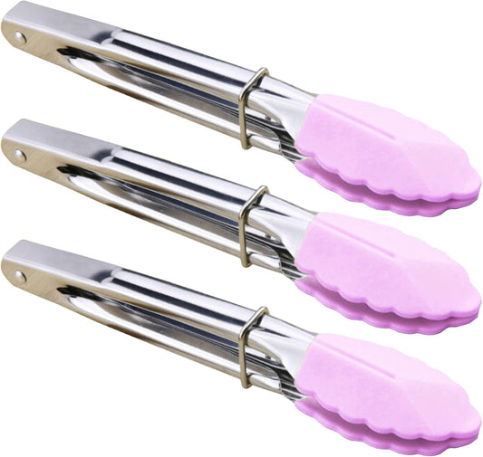 HINMAY 7-Inch Serving Tongs with Silicone Tips Clam Shell Mini Tongs, Set of 3 (Pink)