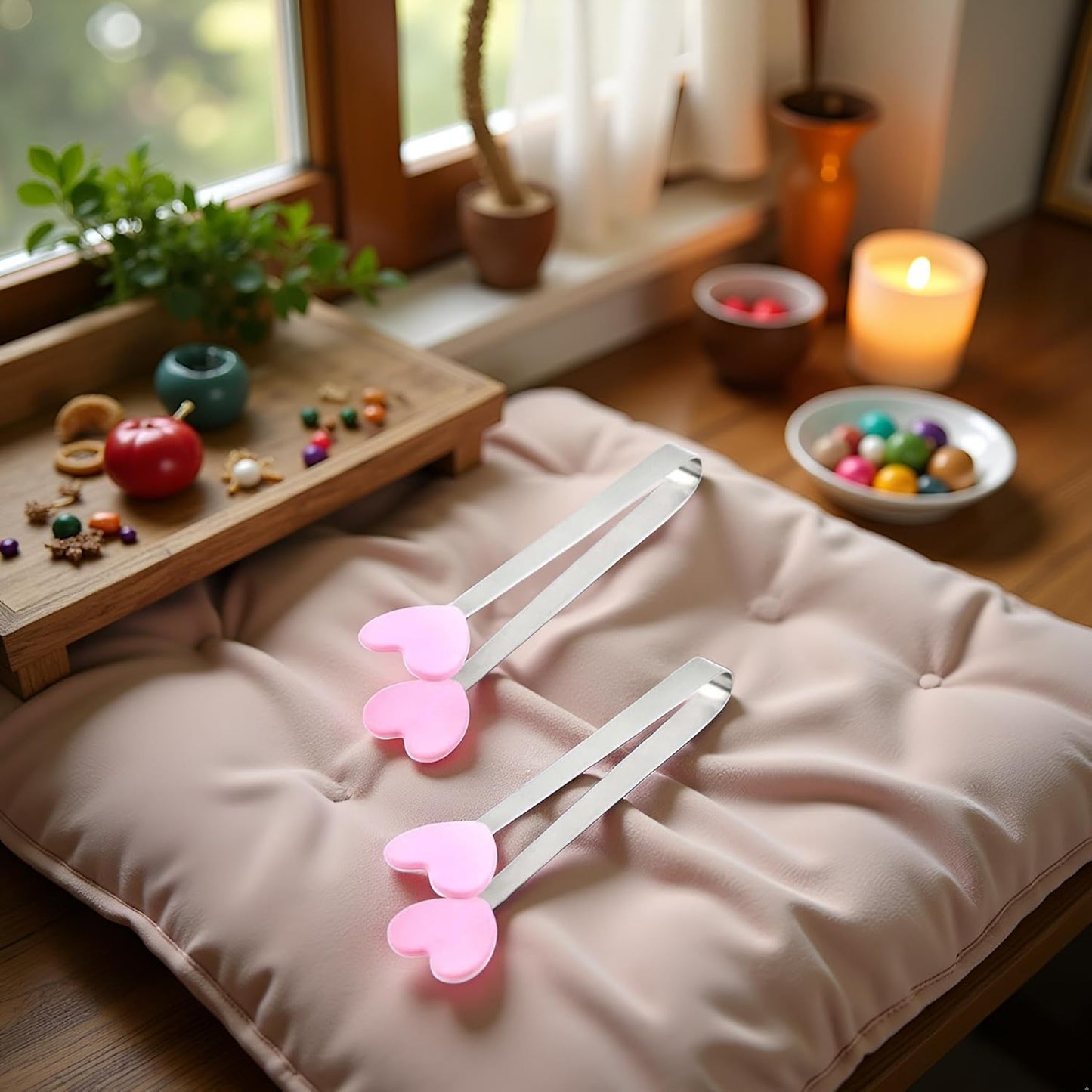 2Pcs Pink Mini Hand Shape Tong Silicone Food Tongs Stainless Steel Kitchen Tongs Small Kids for Sugar Cubes, Serving Food, Salad Buffet Cooking Utensils (Heart Shape)