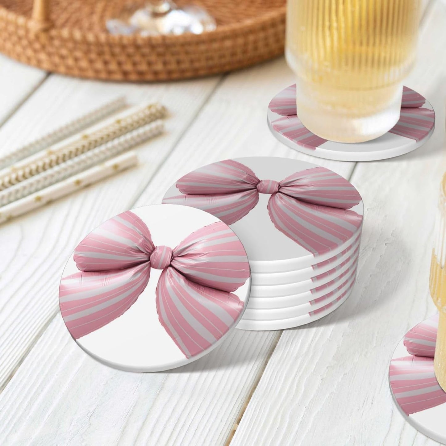 Light Pink Bow Balloon Candy Stripe Pattern Ceramic Coasters with Holder Set of 6 Coffee Cup Drink Coasters